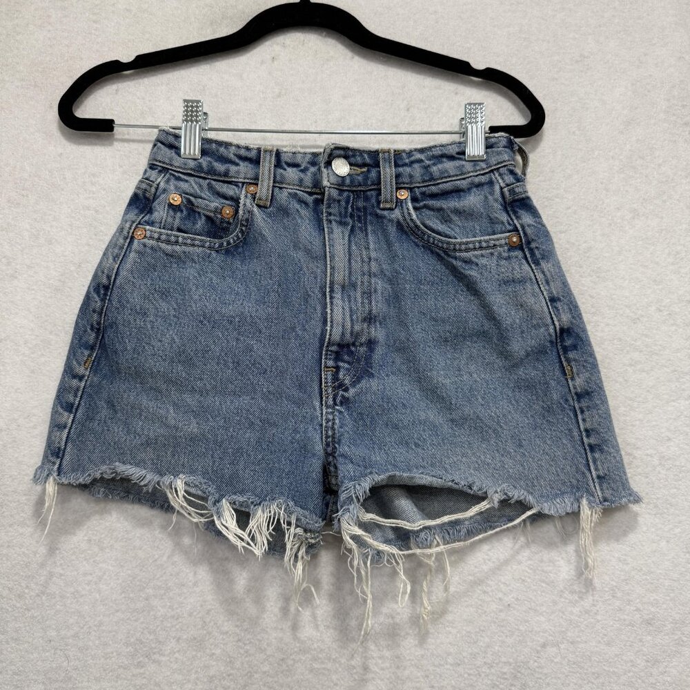 Weekday Float High Loose Mom Shorts Womens 23 Blue Denim Distressed Raw Hem